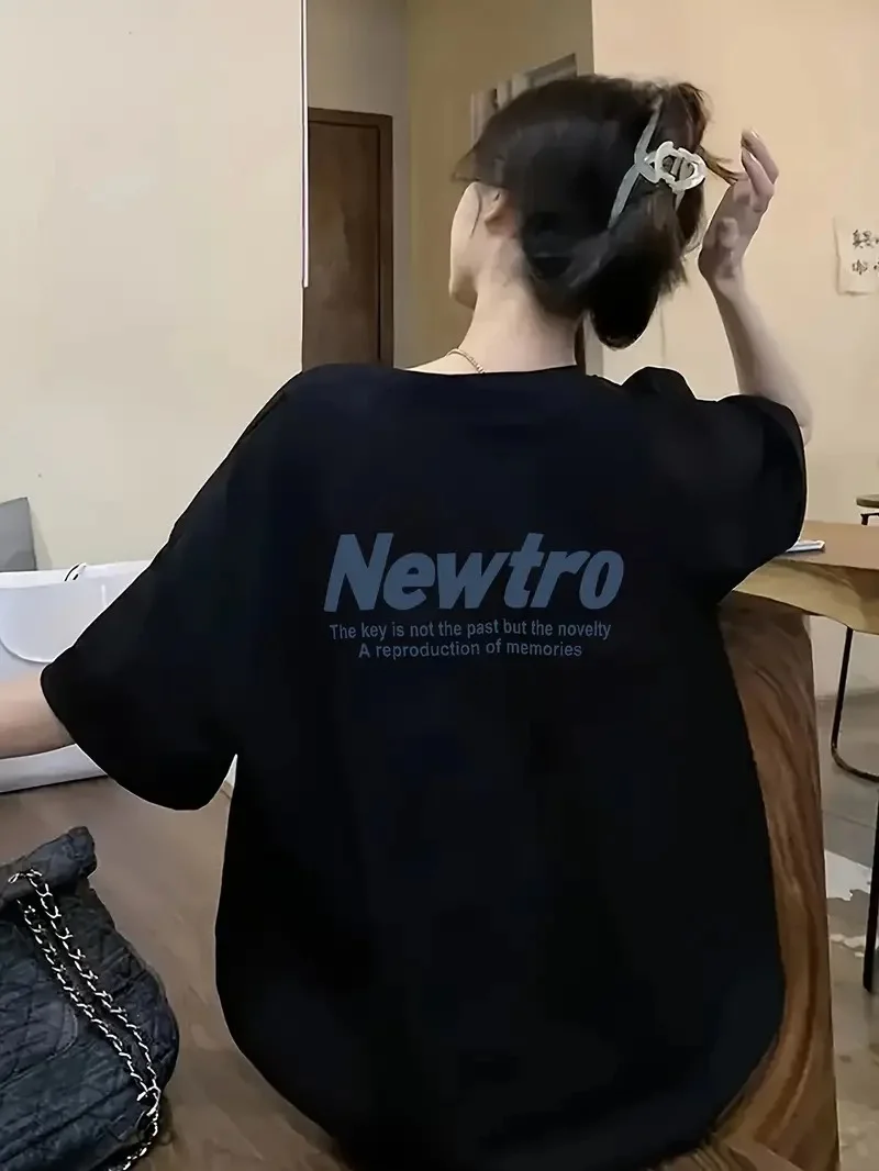 Newtro Baskılı Oversize Bisiklet Yaka T-shirt - Siyah -