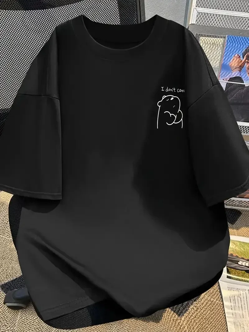 Hafif   Günlük T-Shirt Eğlenceli Karikatür Ayı ve "Umrumda Değil" Baskı  Siyah -