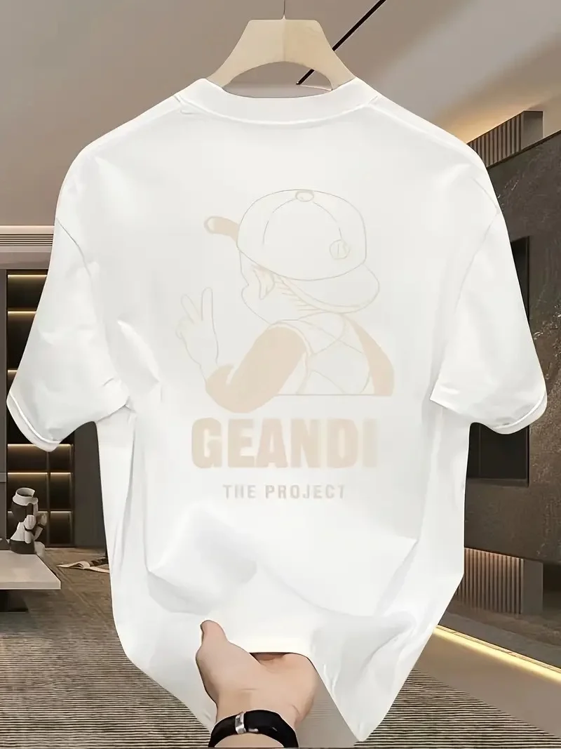 Geniş Kesim Pamuklu Tişört - "GANDHI The Project" Baskılı,- Beyaz -