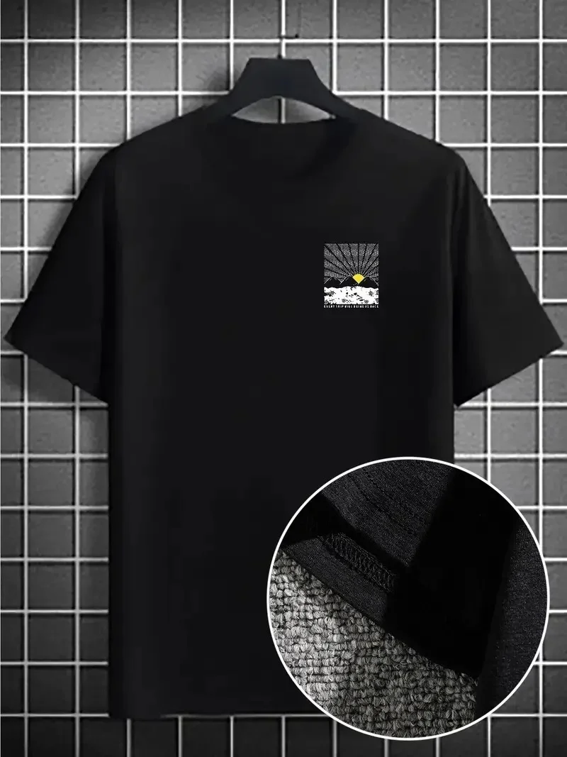 Dağ Grafikli Tişört, Yaz için Büyük Beden Rahat T-shirt - Siyah -