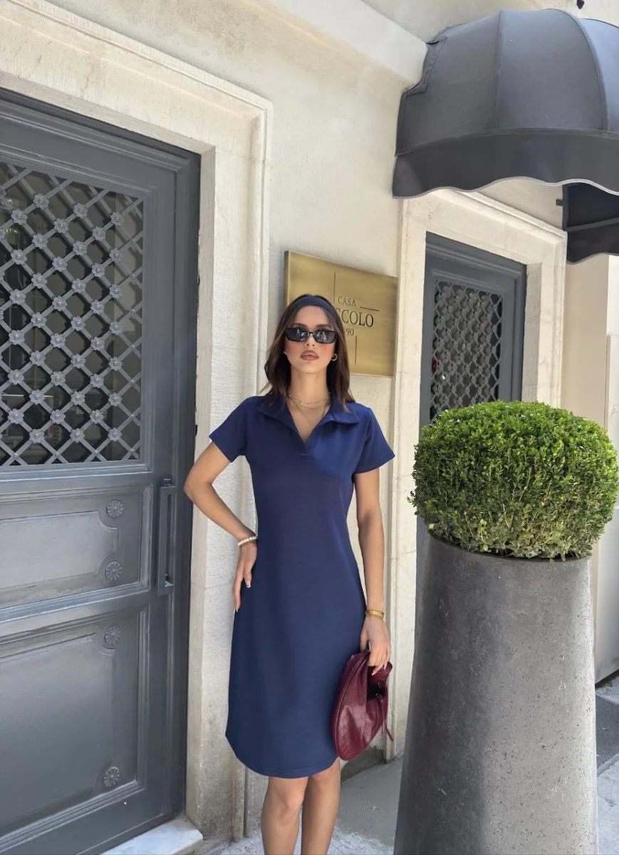 Osy Modal Yumuşak Dokulu Kumaş Yakalı Kısa Kollu Elbise - Mavi -