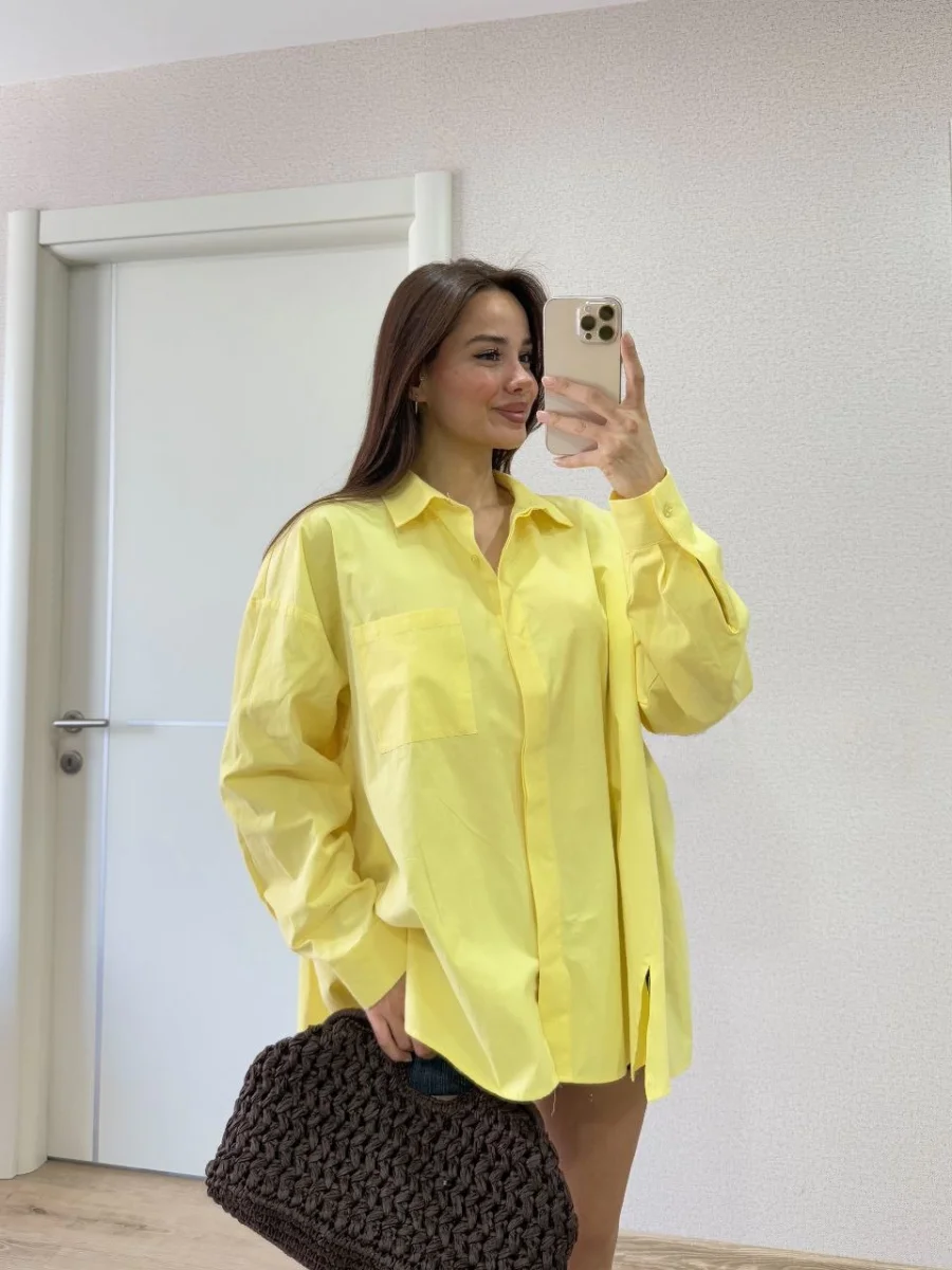 Poplin   Yakalı Yandan Yırtmaçlı Arka Pens Detaylı Gömlek - Sarı -