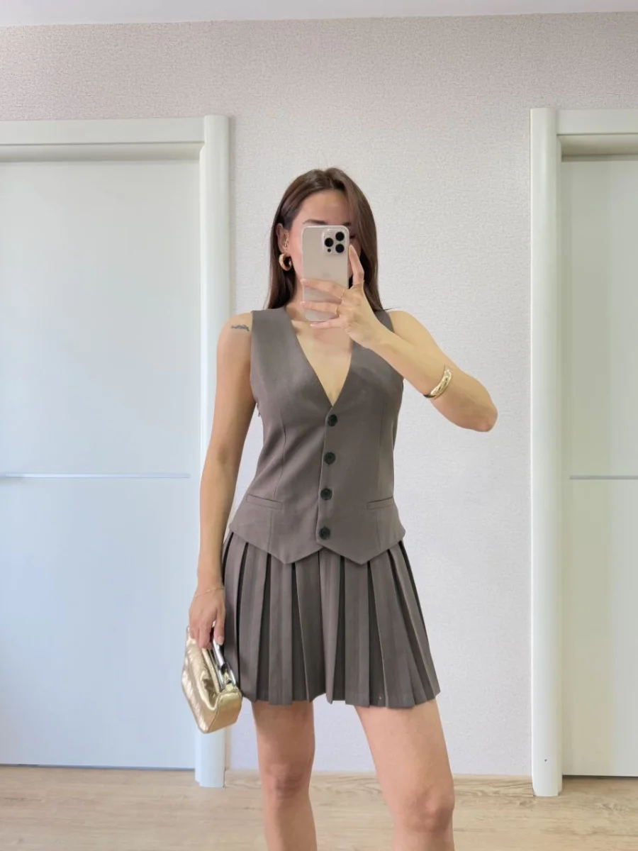 Keten Takım Görünümlü Düğme Detaylı Yelekli Mini Elbise - Füme -