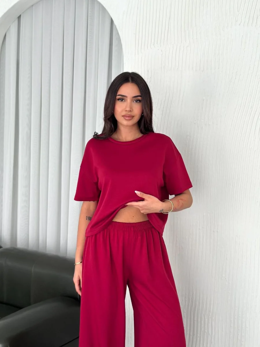 Osy Modal Yumuşak Dokulu Kumaş Bisiklet Yaka T-shirt Bol paça Pantalon ikili Takım -Bordo -