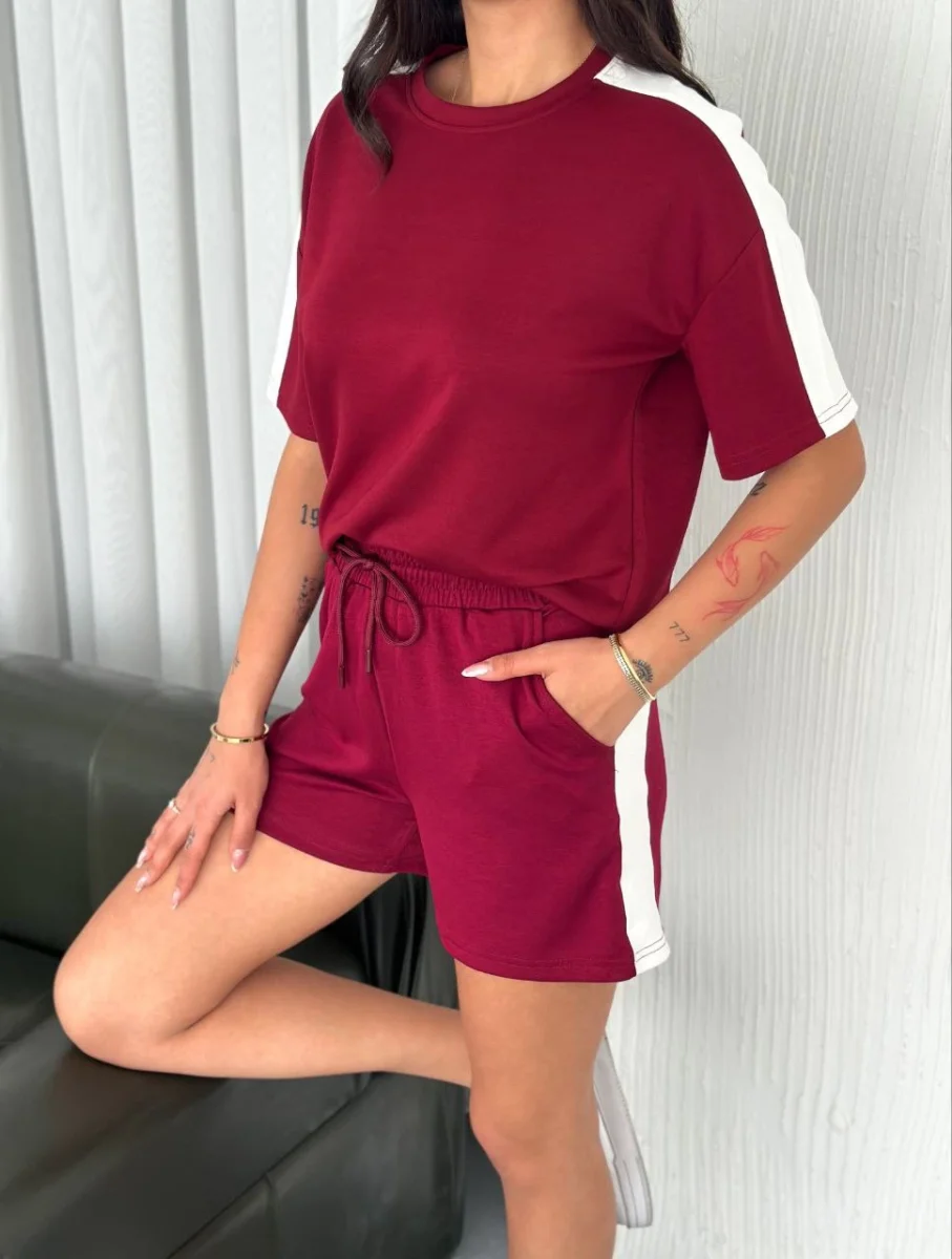 Osy Modal yumuşak dokulu Kumaş   Parçalı Bisiklet Yaka T-shirt Kısa Şort İkili Takım - Bordo -