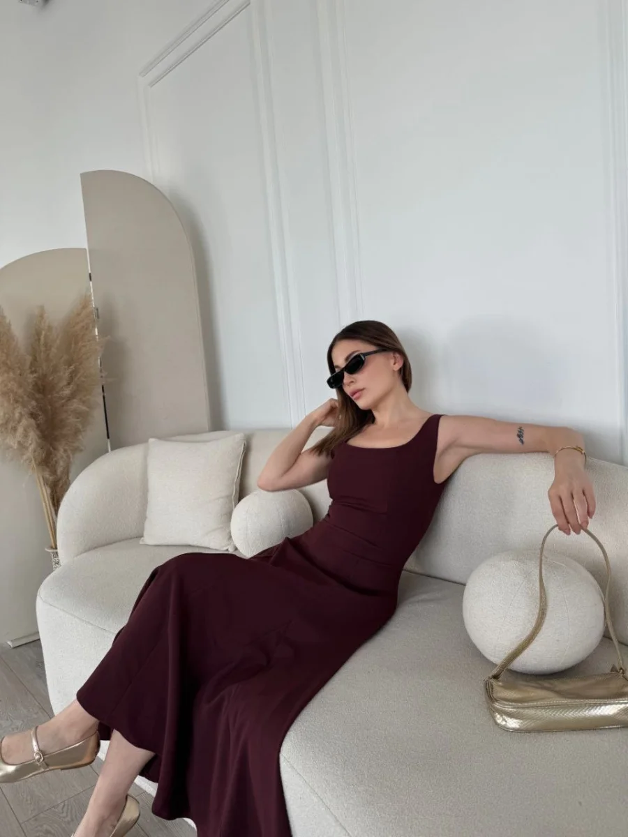 Sırt Dekolteli Kolsuz Uzun Elbise - Mürdüm -