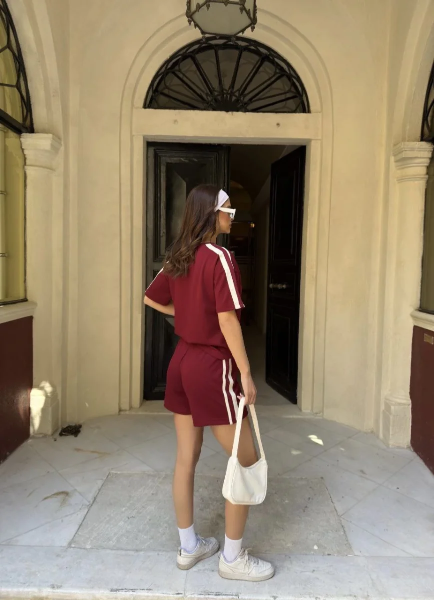 Osy Modal yumuşak dokulu Kumaş Mini Şortlu Etek İkili Takım -Bordo -