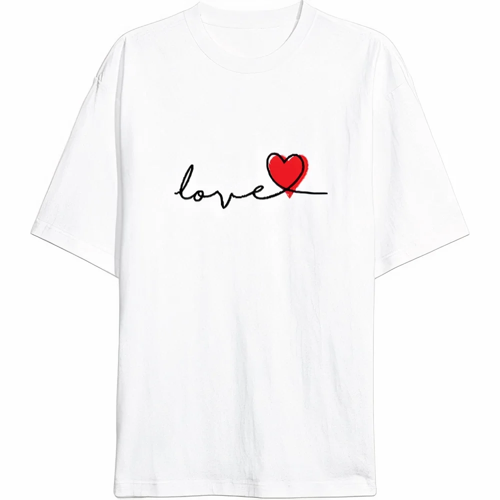 Sevgililer Günü İçin Özel Tasarım Love Baskılı T-shirt - Beyaz -