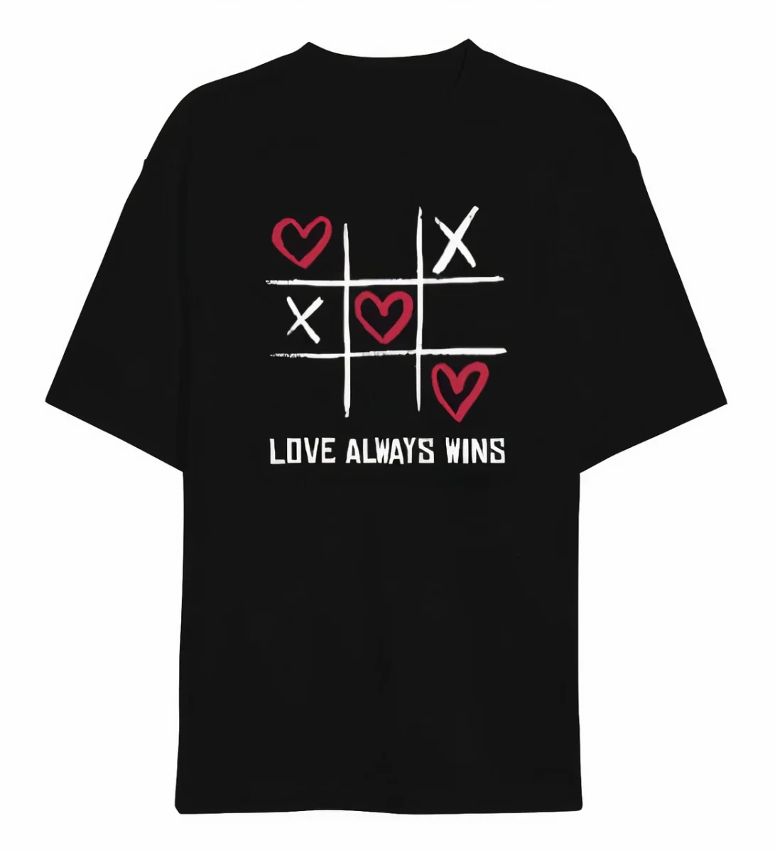 Sevgililer Günü İçin Özel Tasarım Love Always Wıns Baskılı T-shirt - Siyah -