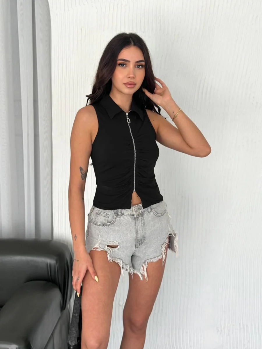 Yakalı Tam Fermuarlı Kolsuz Bluz - Siyah -