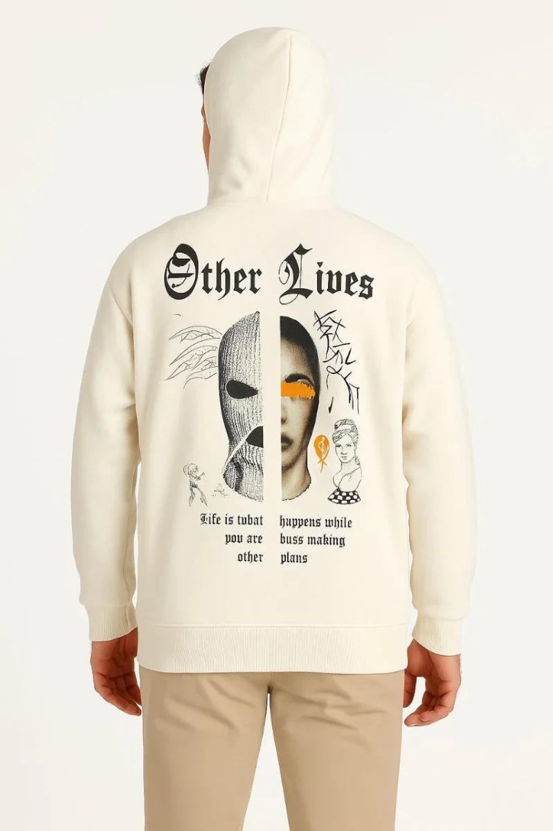 Kapşonlu Sweatshirt – Oversize “Other Lives” Ön  Arka Baskılı- Beyaz -