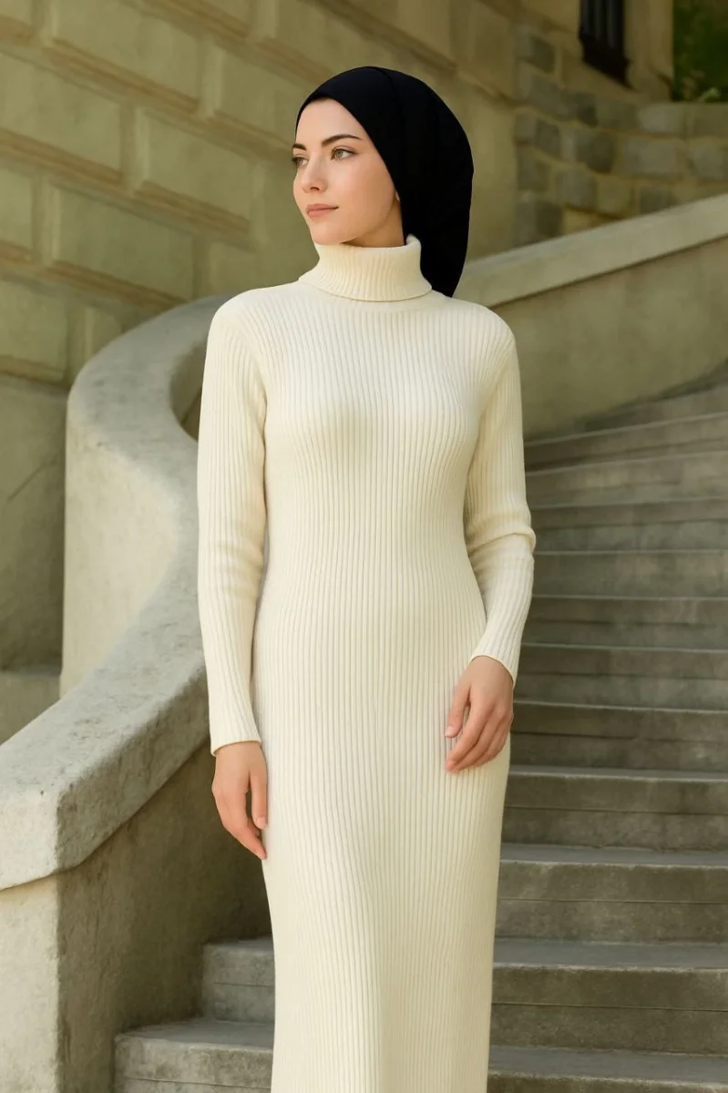 Tesettür Triko Elbise  - Beyaz -