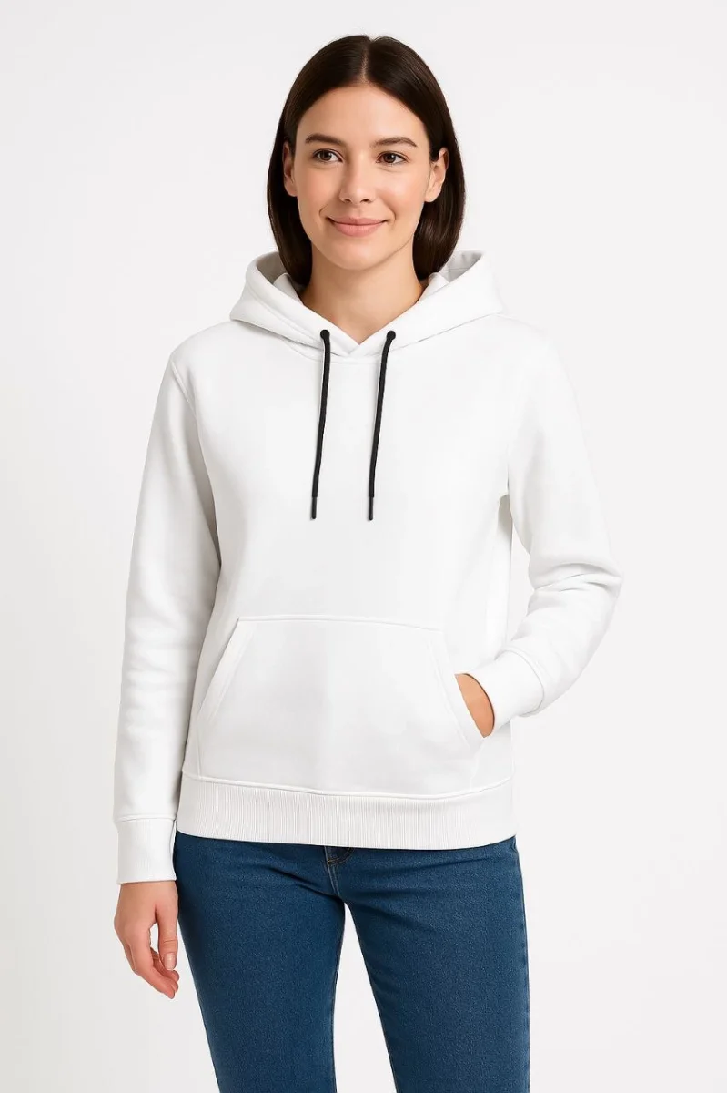 Üç İplik Kapüşonlu Kanguru Çepli SweatShirt hoodie - Beyaz -