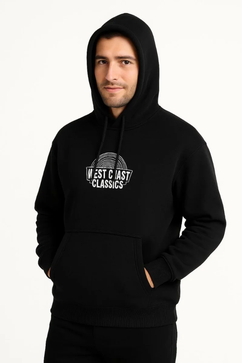 Kapşonlu Sweatshirt – “West Coast Classics” Ön  Arka Baskılı,- Siyah -
