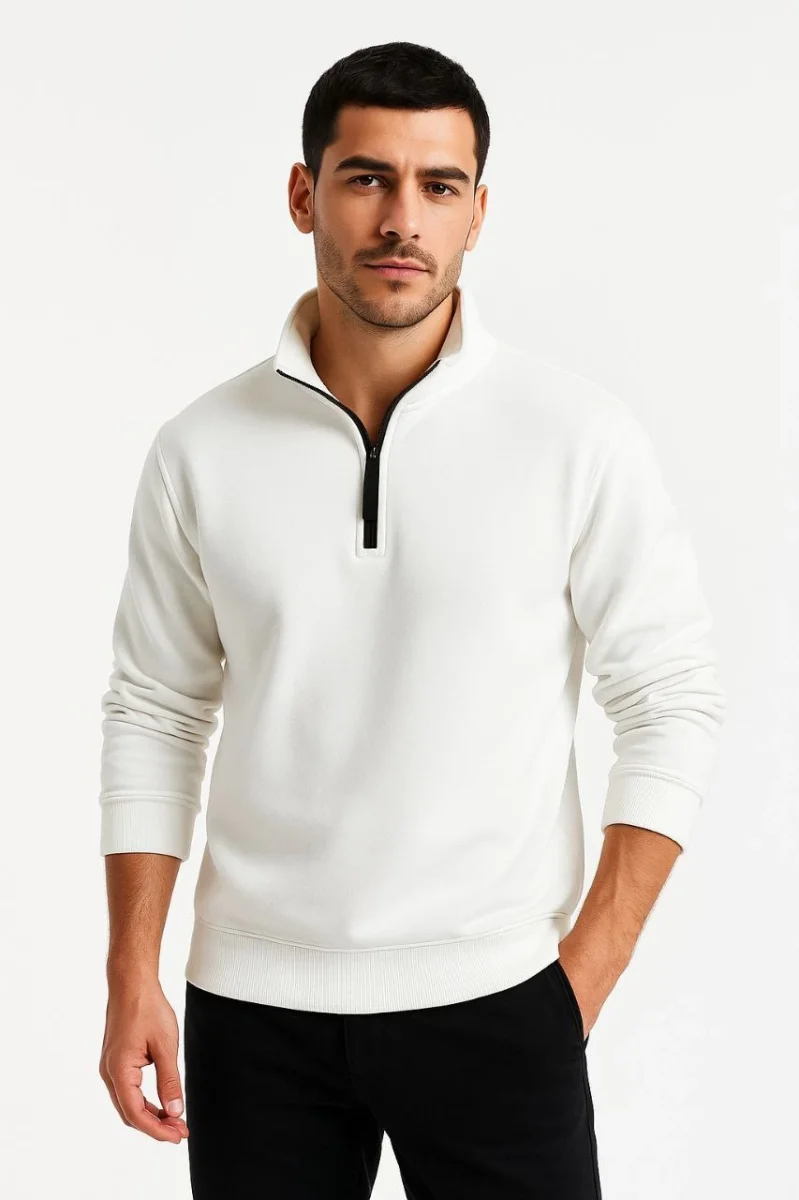 Dik Yaka Sweatshirt Dik Yaka Yarım Fermuarlı 3 İplik Şardonlu Pamuk Kumaş - Beyaz -