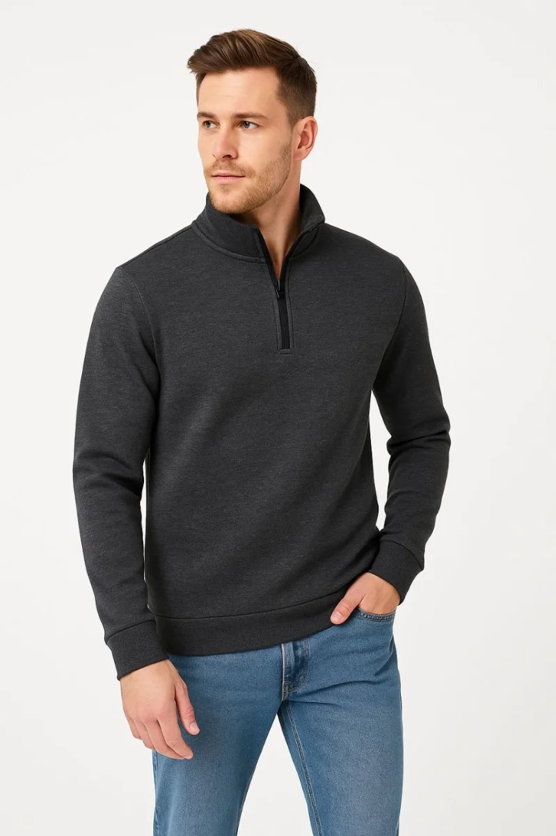 Dik Yaka Sweatshirt Dik Yaka Yarım Fermuarlı 3 İplik Şardonlu Pamuk Kumaş - Antrasit -