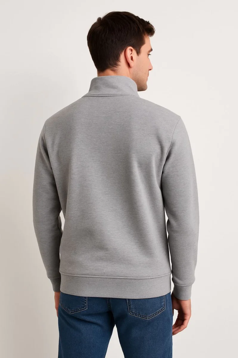 Dik Yaka Sweatshirt Dik Yaka Yarım Fermuarlı 3 İplik Şardonlu Pamuk Kumaş - Gri -