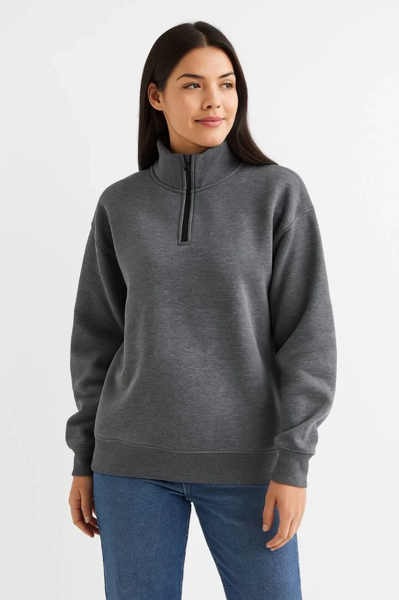 Üç İplik Dık Yaka Yarım Fermuarlı SweatShirt - Antrasit -