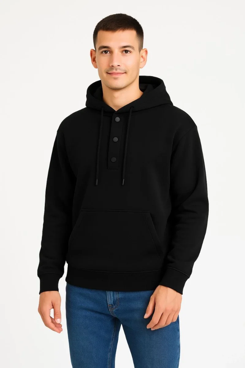 Ovarsize Kapüşonlu  sweatshirt Kanguru Çepli Cıtcıtlı 3 iplik Şardonlu Hoodie - Siyah -