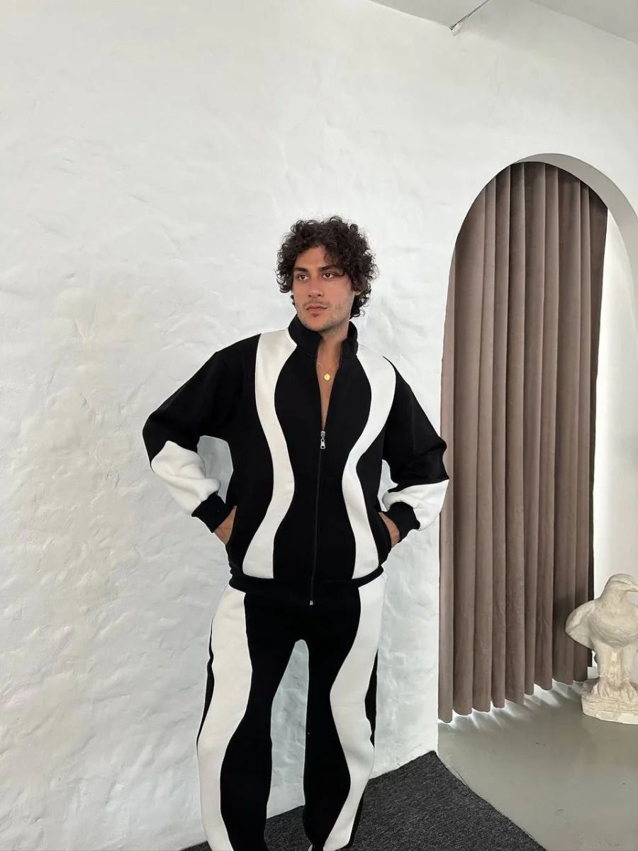 Premium Parçalı Eşofman Takım - Dik Yaka Fermuarlı Sweatshirt, - Siyah -