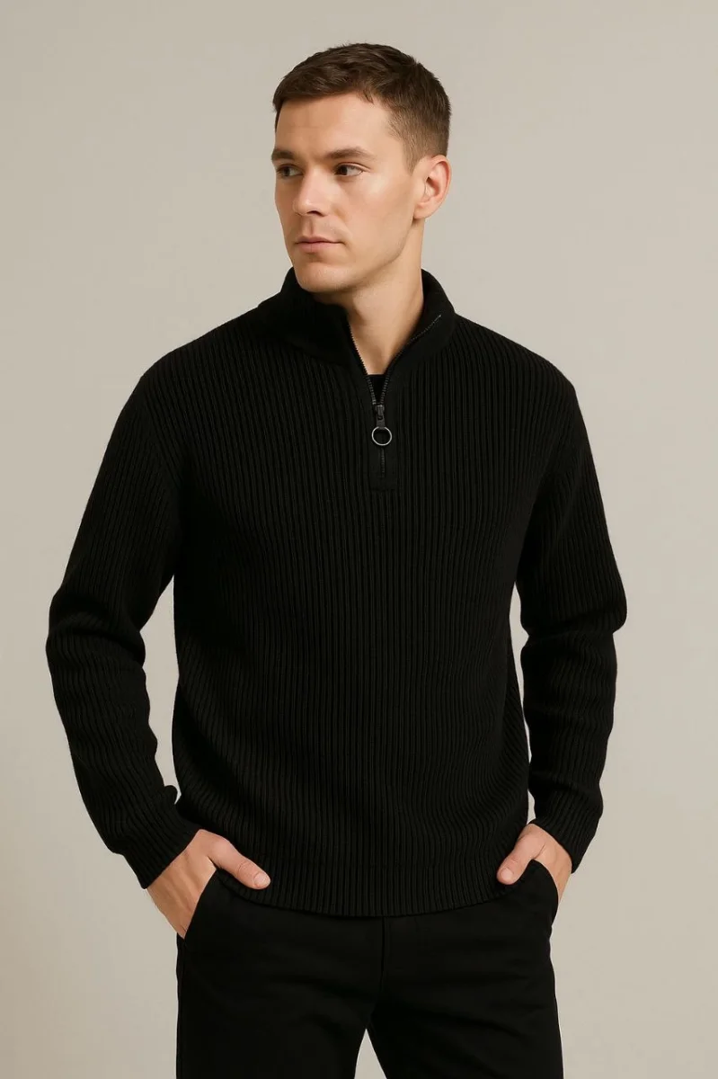 Yarım Fermuarlı Triko Kazak Siyah -