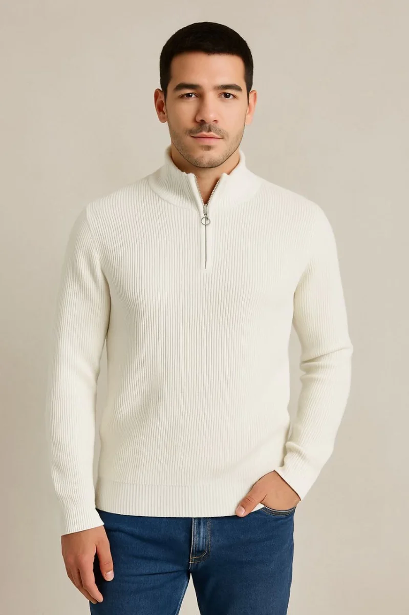 Yarım Fermuarlı Triko Kazak Beyaz -