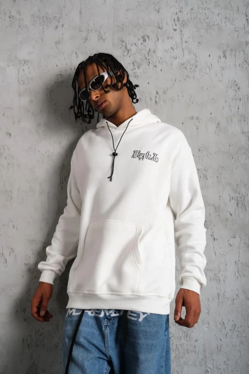 OversizeKapüşonlu Sweat – Kol ve Etek Ribana DetaylıBeyaz -