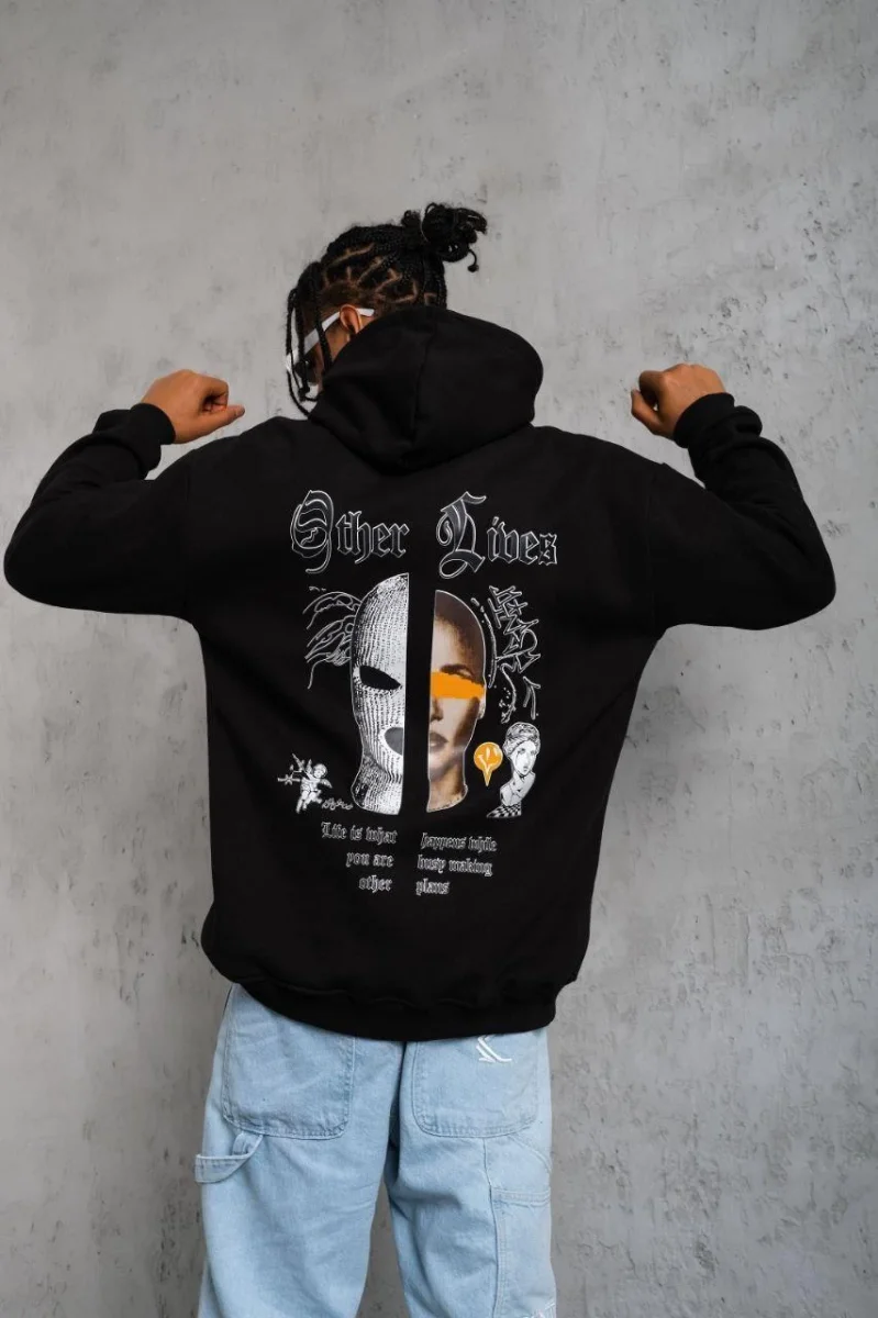 Kapşonlu Sweatshirt“Other Lives” Ön  Arka Baskılı Siyah -