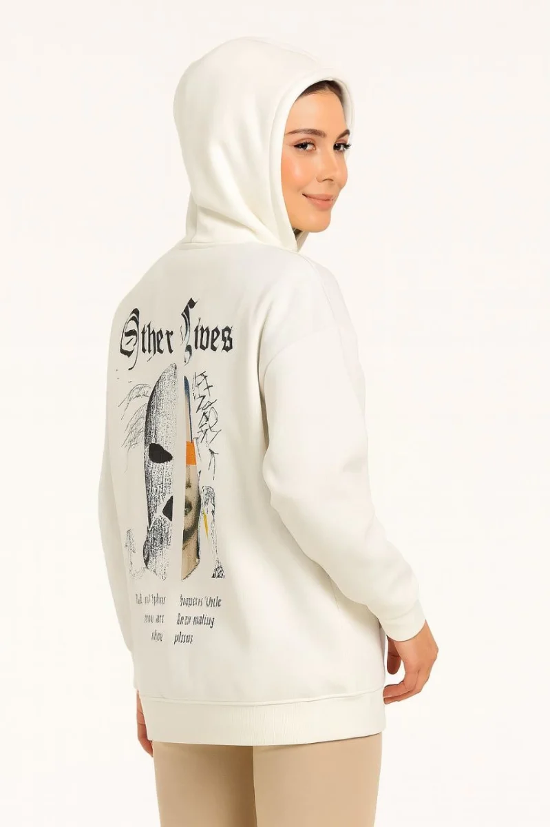 Kapşonlu Sweatshirt – Oversize Üç İplik Şardonlu Hoodie, “Other Lives” Ön  Arka Baskılı, Kanguru Cepli, Kışlık Rahat Günlük Stil - Beyaz -