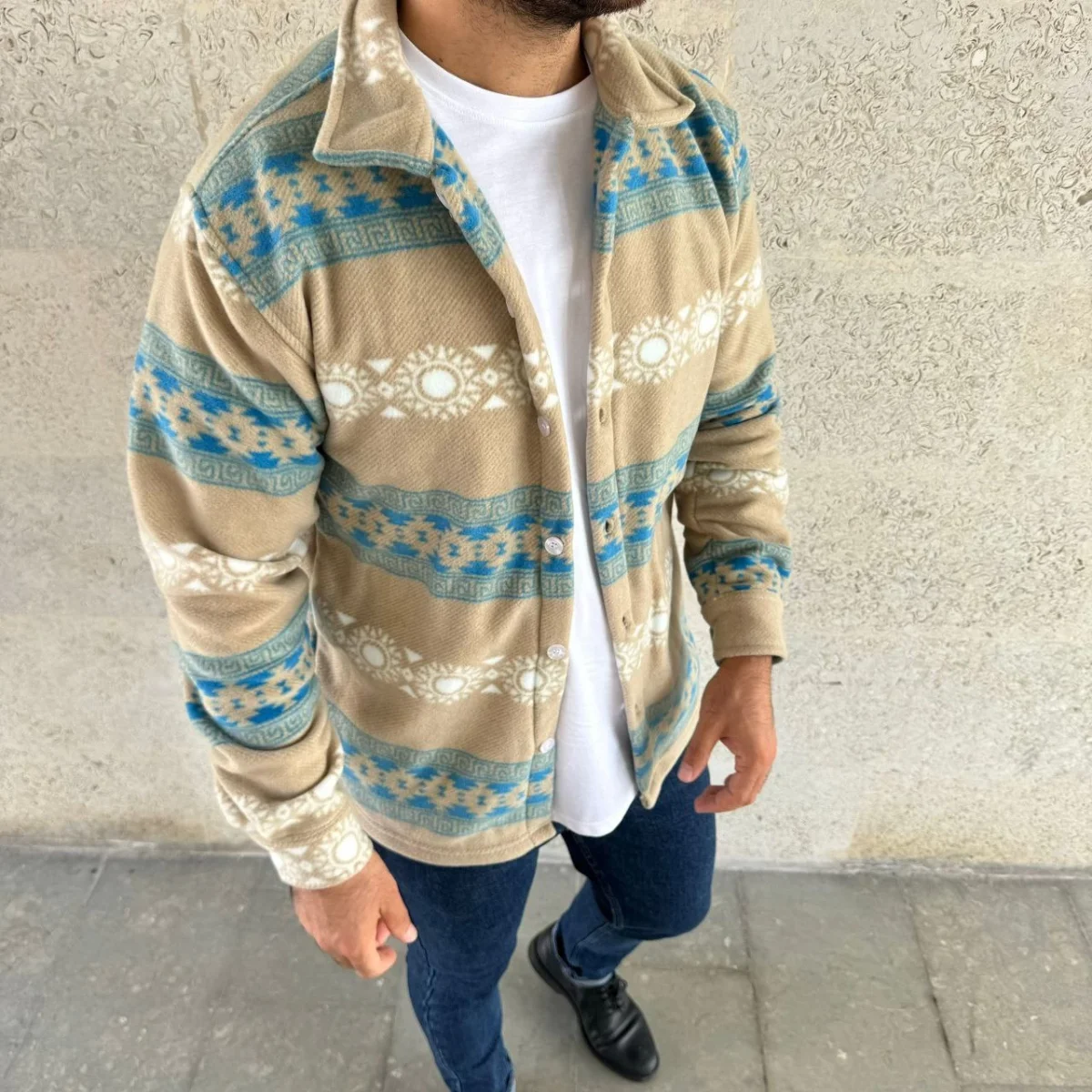 Desenli Polar Gömlek – Etnik Şerit Desen Yakalı, Uzun Kollu, Düğmeli, Oversize Rahat Kalıp - Sarı -