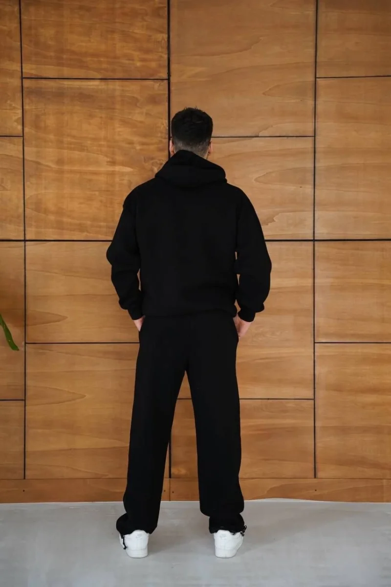 Kapüşonlu Eşofman Takım Örümcek Ağı ve Neon Yeşil Baskılı Kanguru cepli Oversize Rahat Kalıp, Premium Üç İplik Kumaş - Siyah -