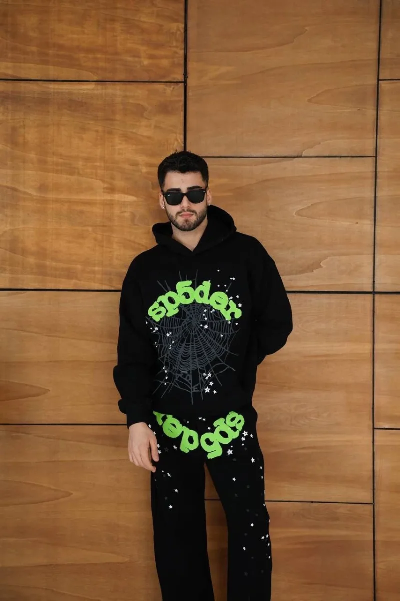 Kapüşonlu Eşofman Takım Örümcek Ağı ve Neon Yeşil Baskılı Kanguru cepli Oversize Rahat Kalıp, Premium Üç İplik Kumaş - Siyah -