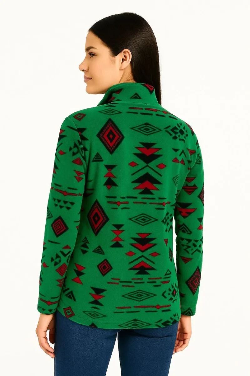 Yarım Fermuarlı Desenli Polar Sweat Tribal Etnik Desen Yakalı, Uzun Kollu, Oversize Rahat Kalıp - Yeşil -