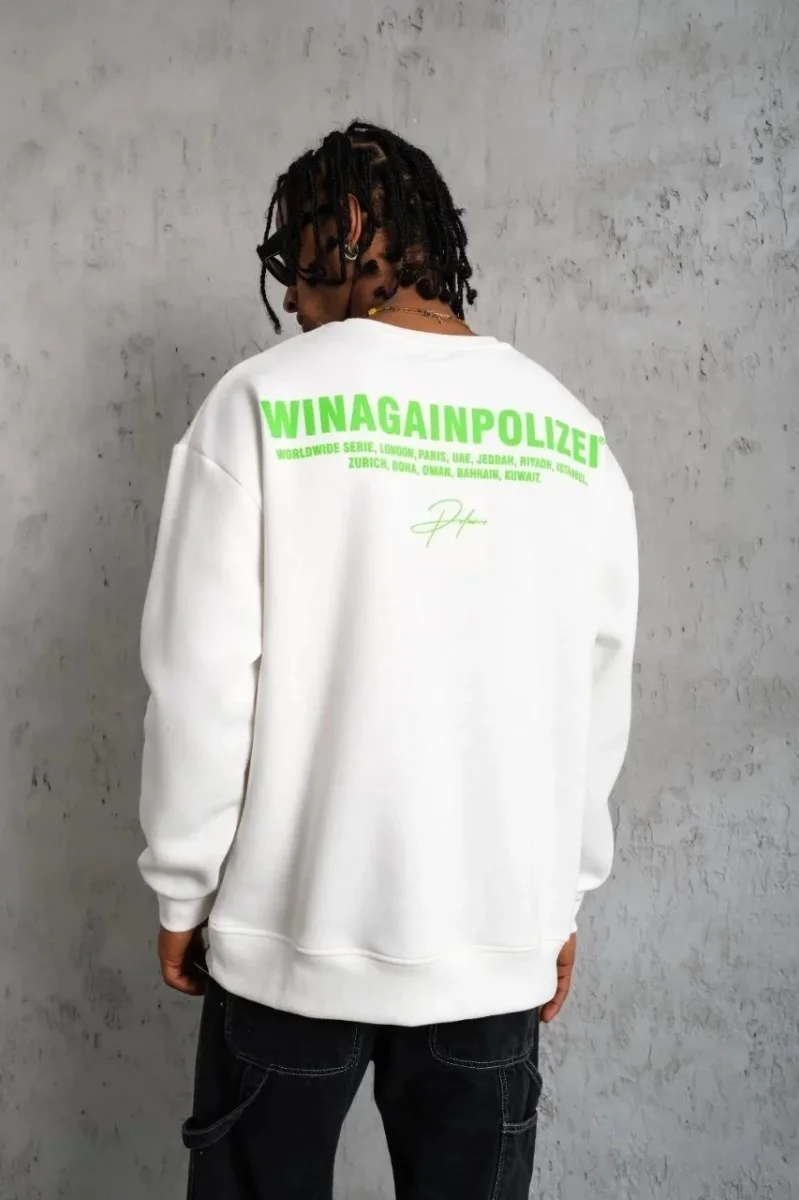 Oversize Sweatshirt – Beyaz Renk | Ön ve Sırt Baskılı, Üç İplik İçi Pamuklu Kumaş, Rahat Kalıp, Ribanalı Kışlık Sweat | Winagain Polizei Serisi - Beyaz