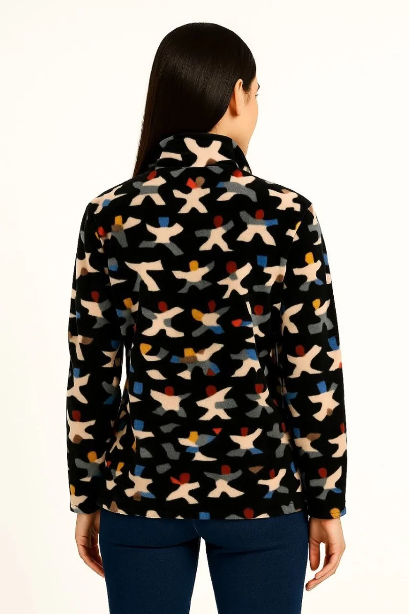 Tam Fermuarlı Desenli Polar Sweat – Siyah Multicolor Figür Desen Yakalı, Uzun Kollu, Oversize Rahat Kalıp - Siyah