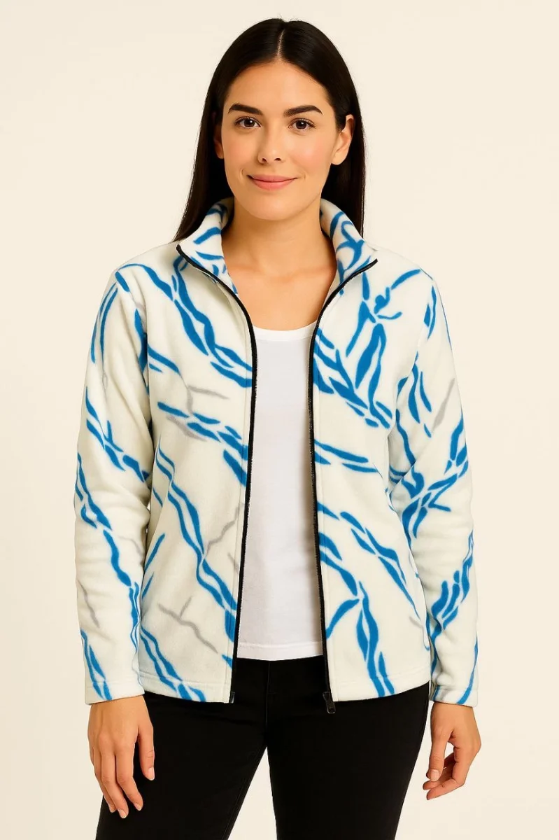 Tam Fermuarlı Desenli Polar Sweat Lightning Desen Yakalı, Uzun Kollu, Oversize Rahat Kalıp - Beyaz