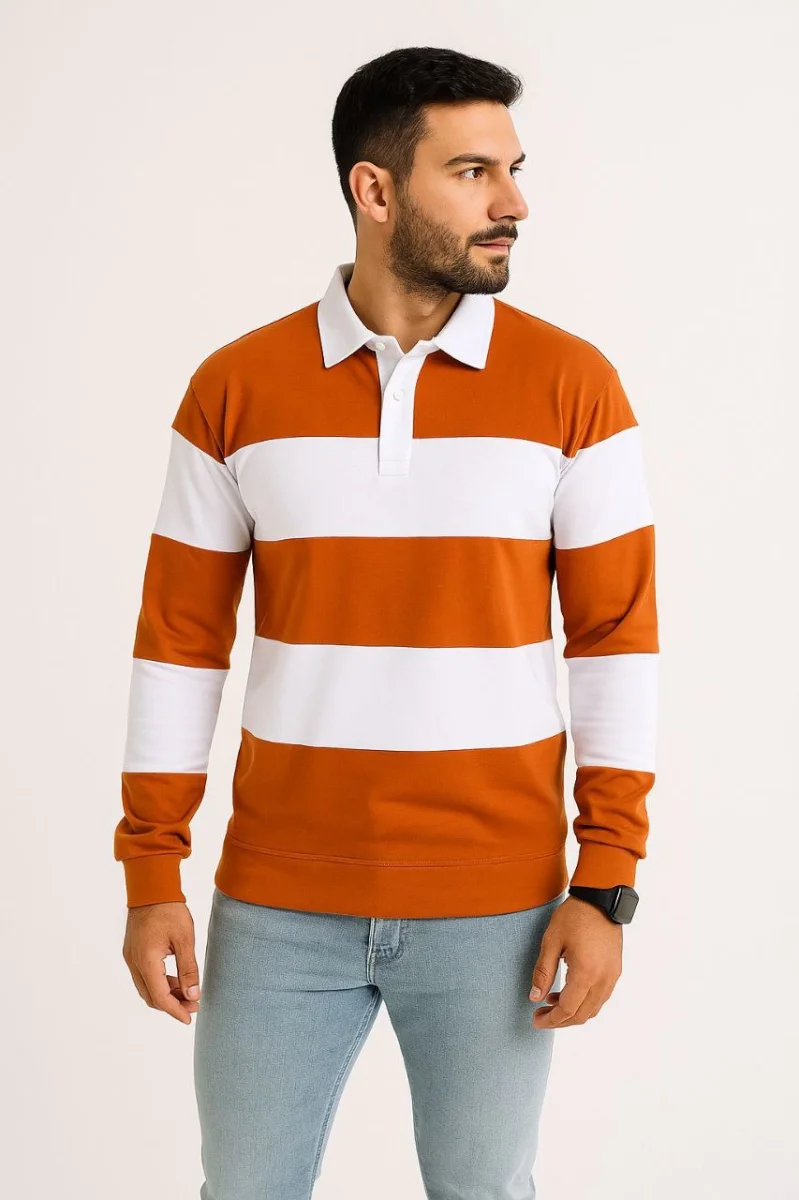 Polo Yaka Uzun Kollu Çizgili Sweatshirt Trend Rugby Stil - Turuncu