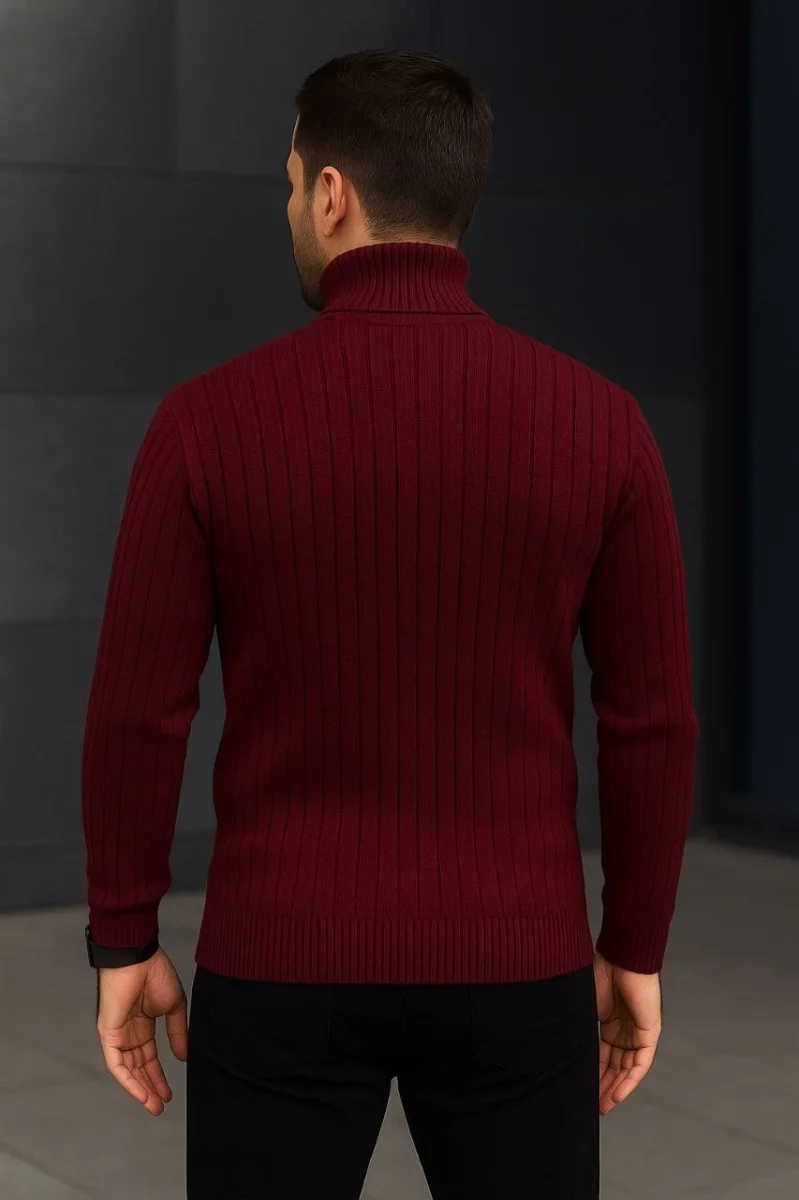Balıkcı Yaka Bağazlı Triko Kazak Pamuklu Kalın Fitilli Dokuma, Regular - Bordo