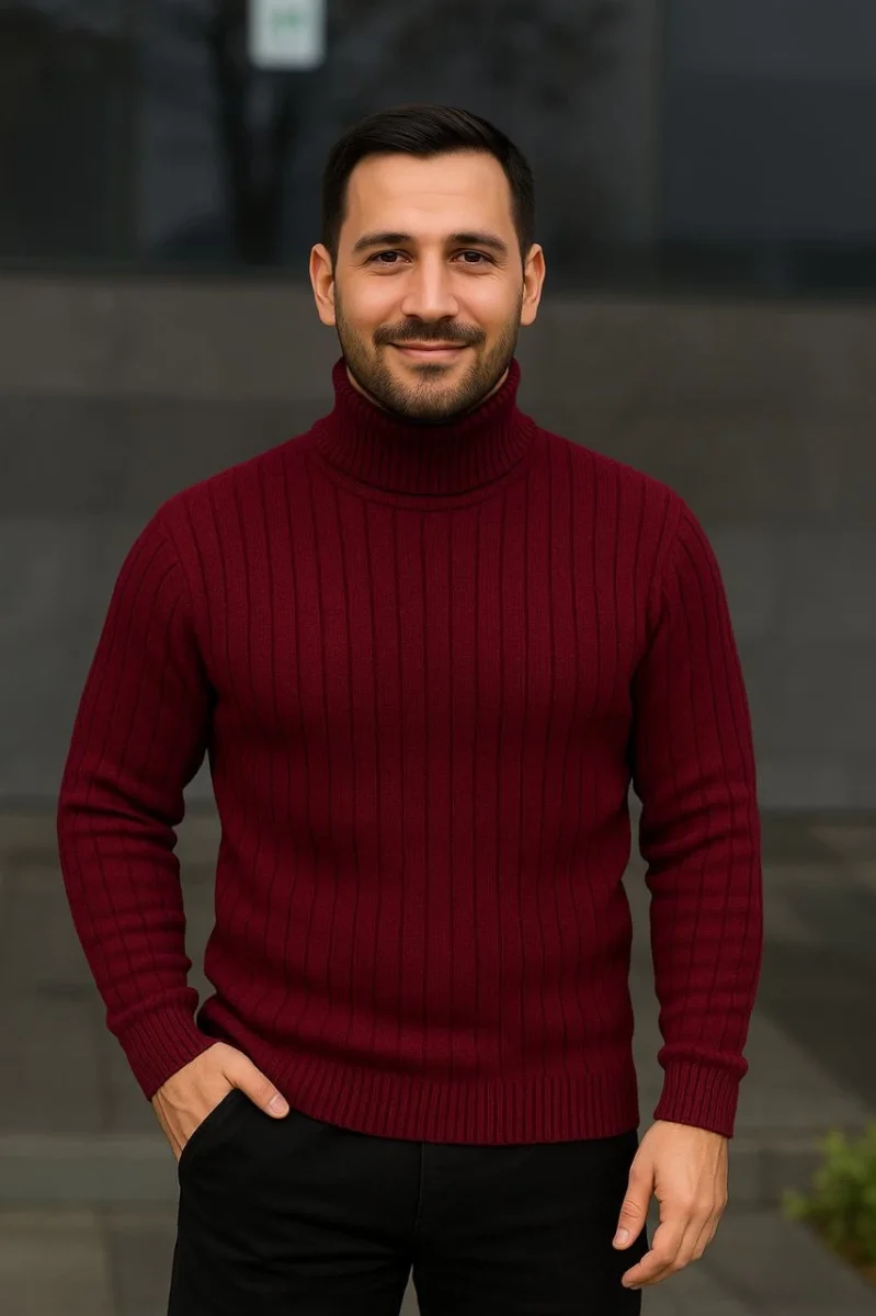Balıkcı Yaka Bağazlı Triko Kazak Pamuklu Kalın Fitilli Dokuma, Regular - Bordo