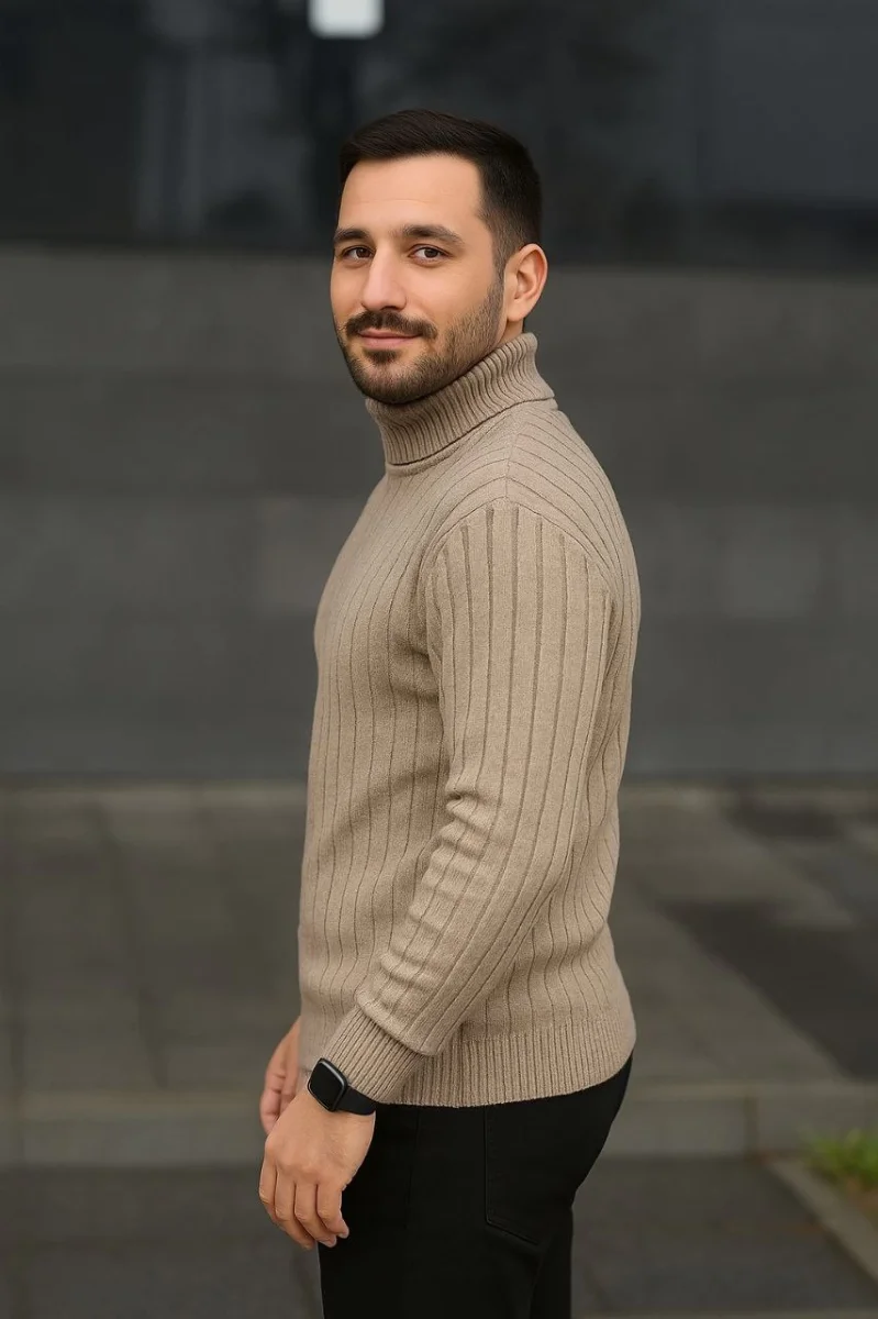 Balıkcı Yaka Bağazlı Triko Kazak Pamuklu Kalın Fitilli Dokuma, Regular - Bej