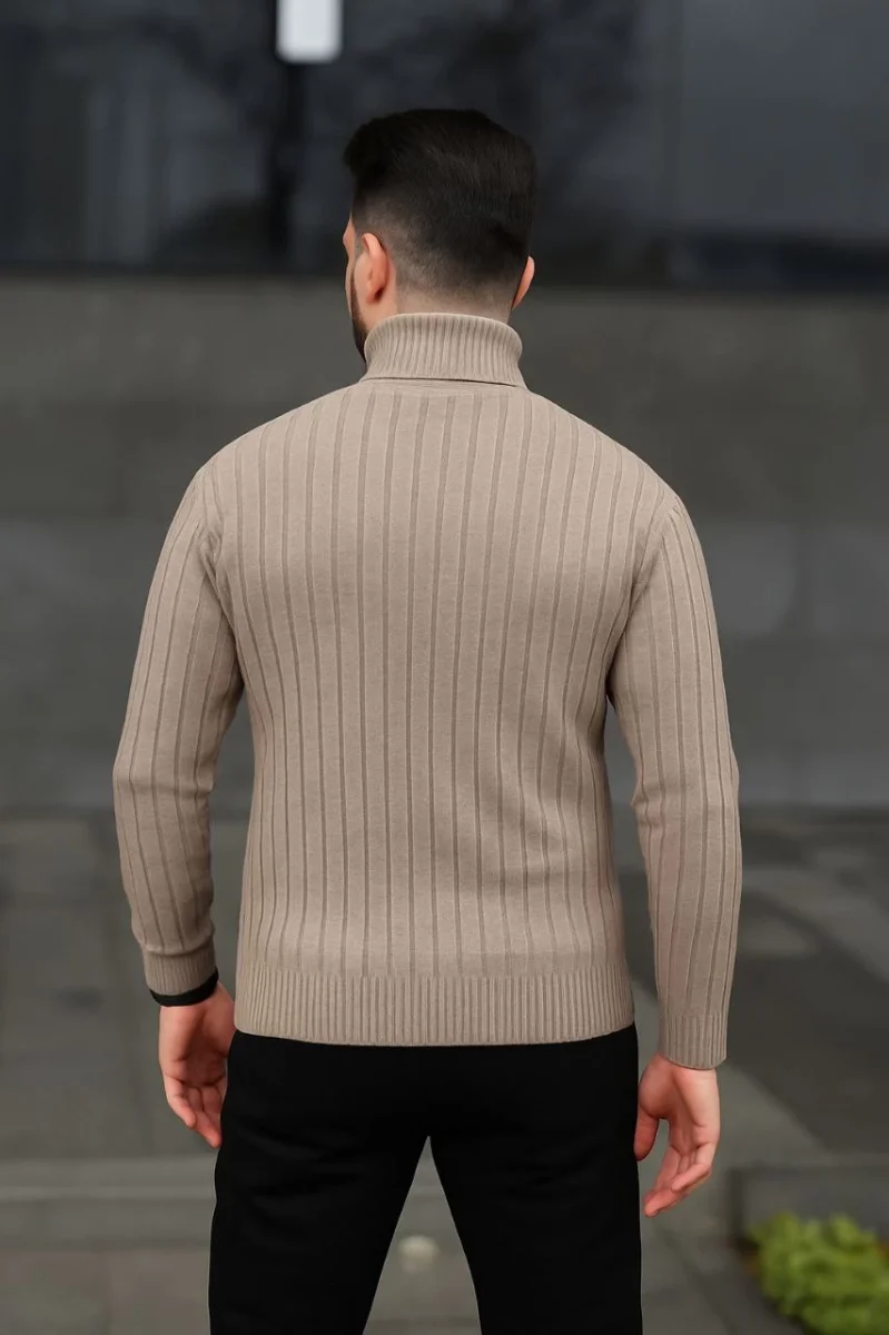 Balıkcı Yaka Bağazlı Triko Kazak Pamuklu Kalın Fitilli Dokuma, Regular - Bej