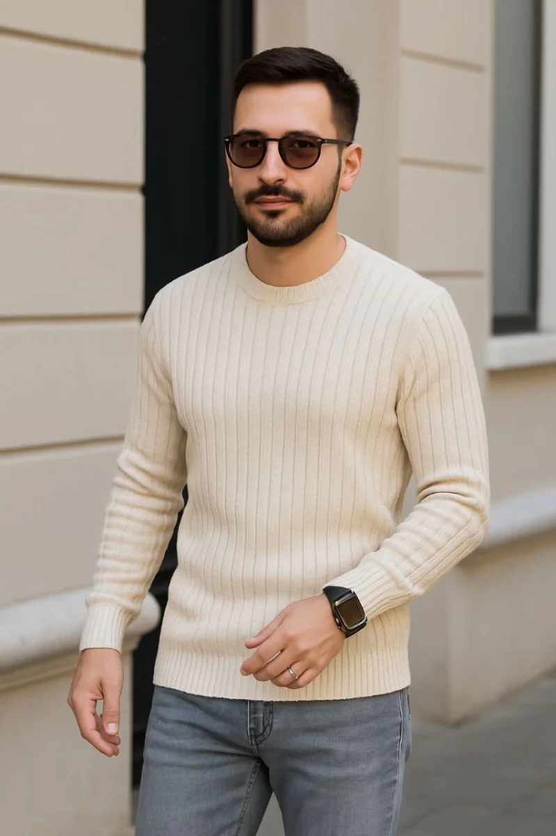 Bisiklet Yuvarlak Yaka Triko Kazak Pamuklu Kalın Fitilli Dokuma, Regular Fit Uzun Kollu Kışlık Model - Bej