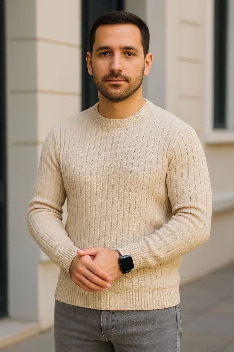 Bisiklet Yuvarlak Yaka Triko Kazak Pamuklu Kalın Fitilli Dokuma, Regular Fit Uzun Kollu Kışlık Model - Bej