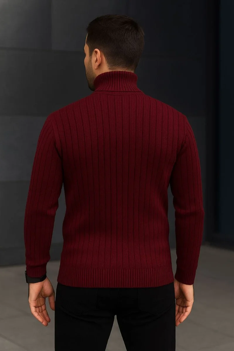 Fitilli Triko Kazak 2'li Set Bordo Siyah Regular Balıkcı Yaka Tam Boğazlı Triko Seti Modeli Kazak