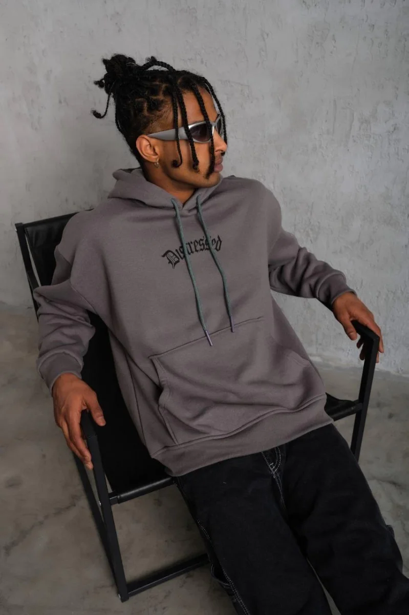 Üç İplik Baskılı Kapüşonlu Sweat - Gri