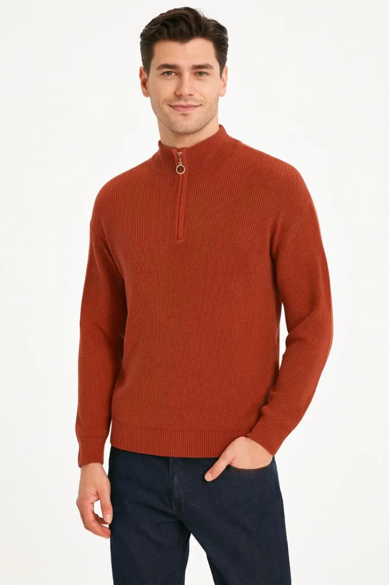 Yarım Fermuarlı Triko Kazak – Selanik Örgü, Dik Yaka, Pamuklu Dokuma, Oversize Uzun Kollu Kışlık Model - Füme