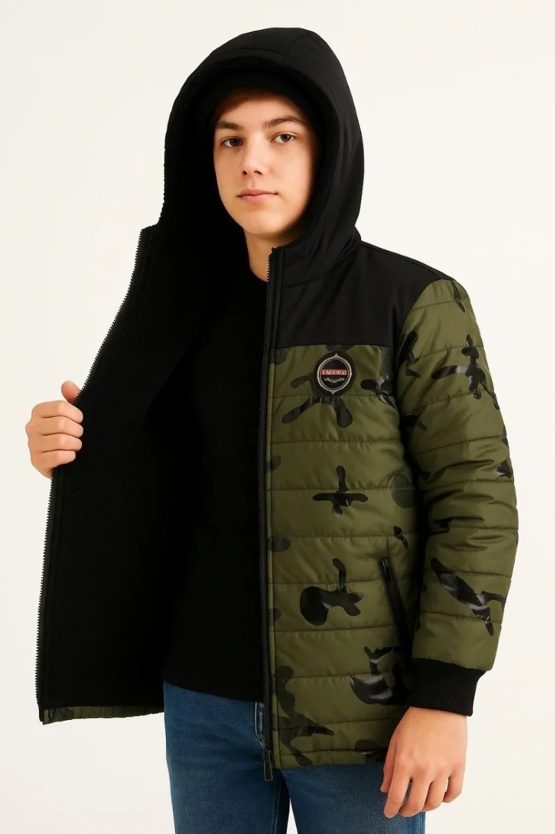 Kamuflaj Desenli Mont İçi Sıcak Tutan Pelüş Astarlı, Kapüşonlu, Fermuarlı Kışlık Su İtici Şişme Mont - Haki