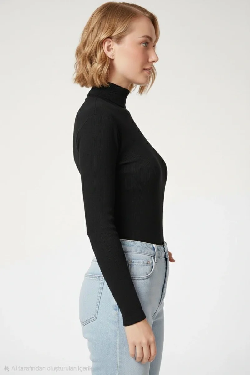 Tam Boğazlı Fitilli Likrali Kaşkorse Badi İnce Uzun Kollu Kazak - Siyah