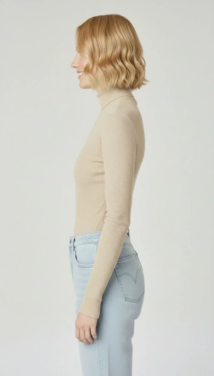 Tam Boğazlı Fitilli Likrali Kaşkorse Badi İnce Uzun Kollu Kazak - Bej