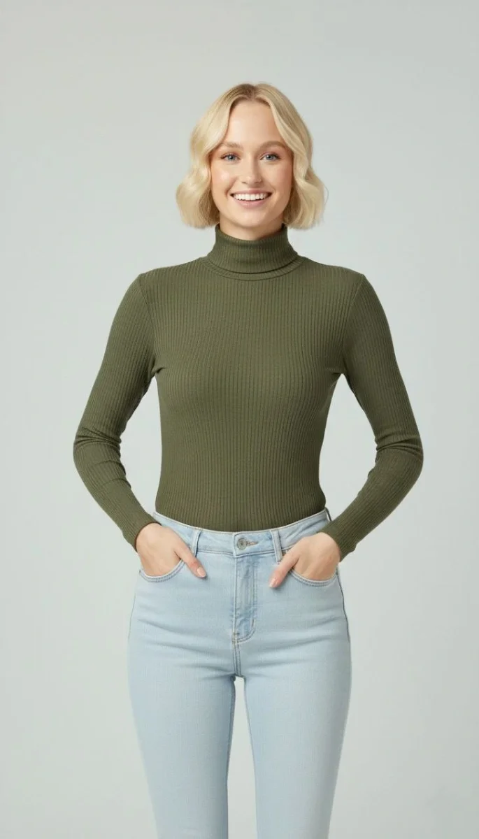 Tam Boğazlı Fitilli Likrali Kaşkorse Badi İnce Uzun Kollu Rahat Kazak - Haki